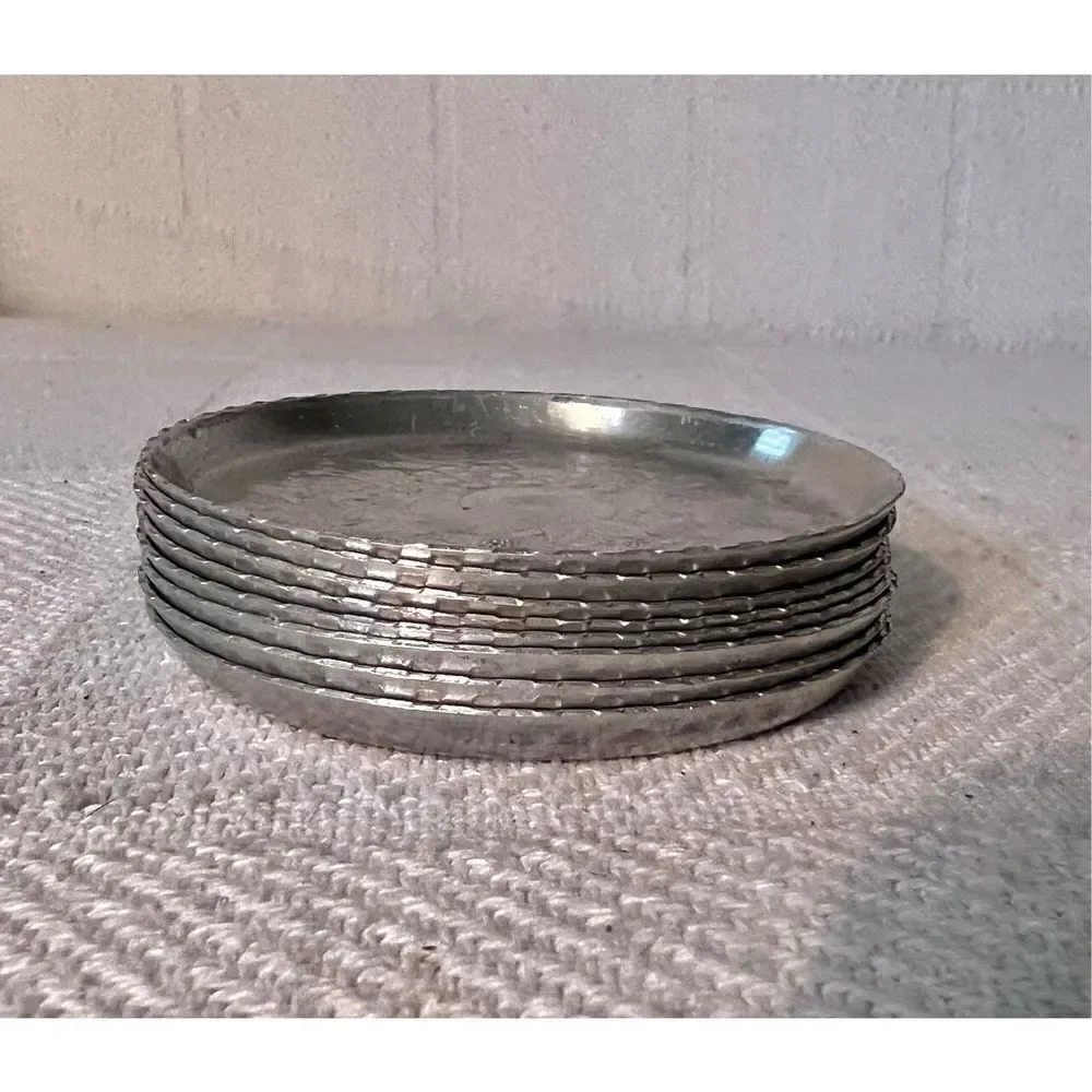 8 Vintage Metal Aluminum Forged Coasters Fruit Flower Pattern Scallop Edge Retro